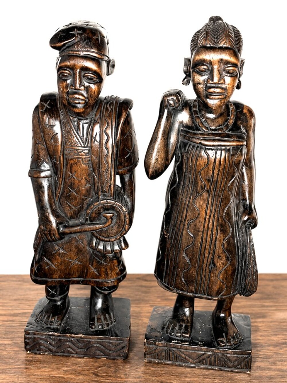 VTG West African Folk Art Hand-Carved Wood Tribal Couple Statues Pair 19.25"Tall